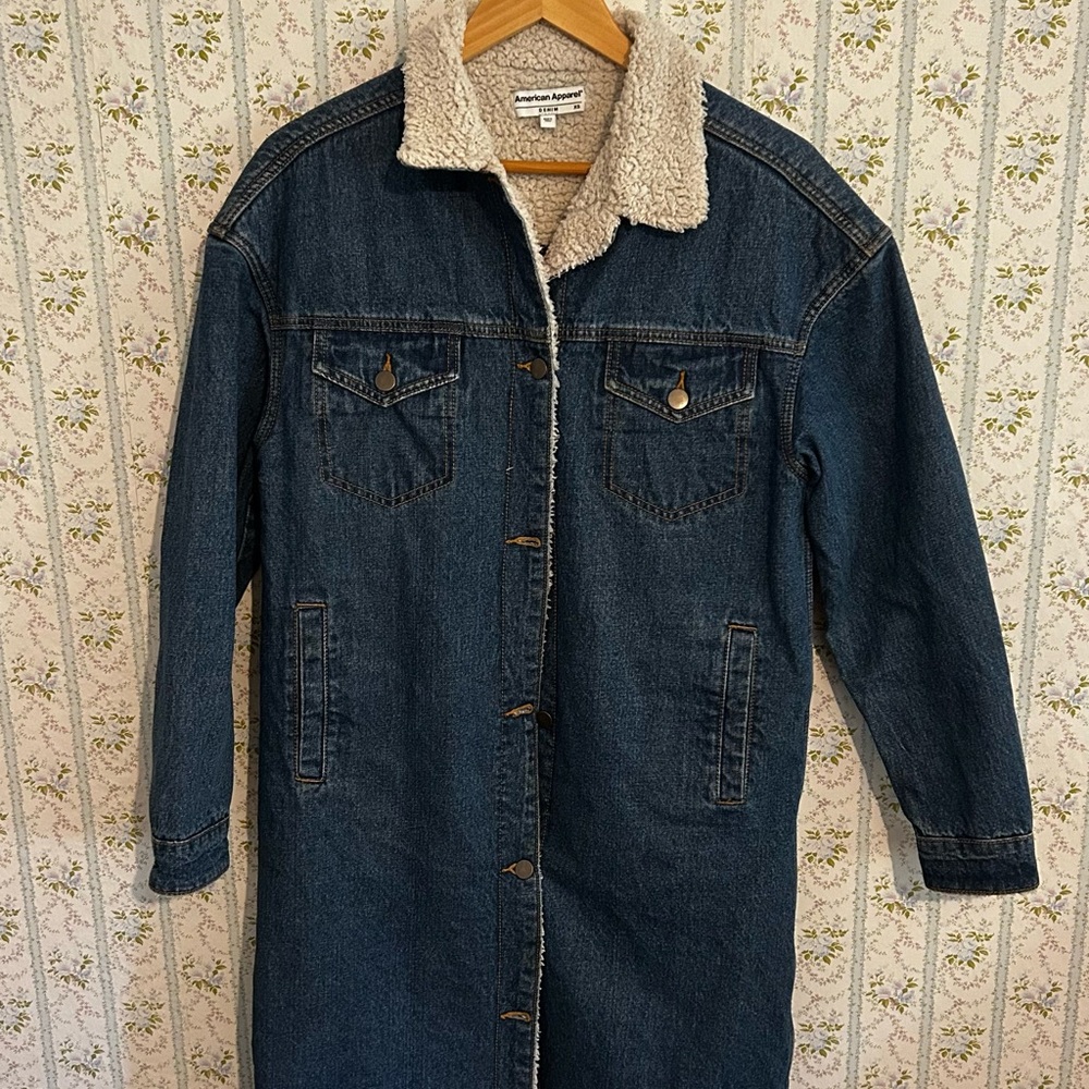 American Apparel Denim Long Coat with Shearling Lining